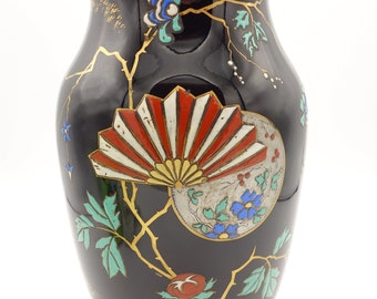 Rousseau pour Baccarat - Rare grand vase en cristal noir des années 1800 - Décor Clair-de-Lune or et émail Japonisme