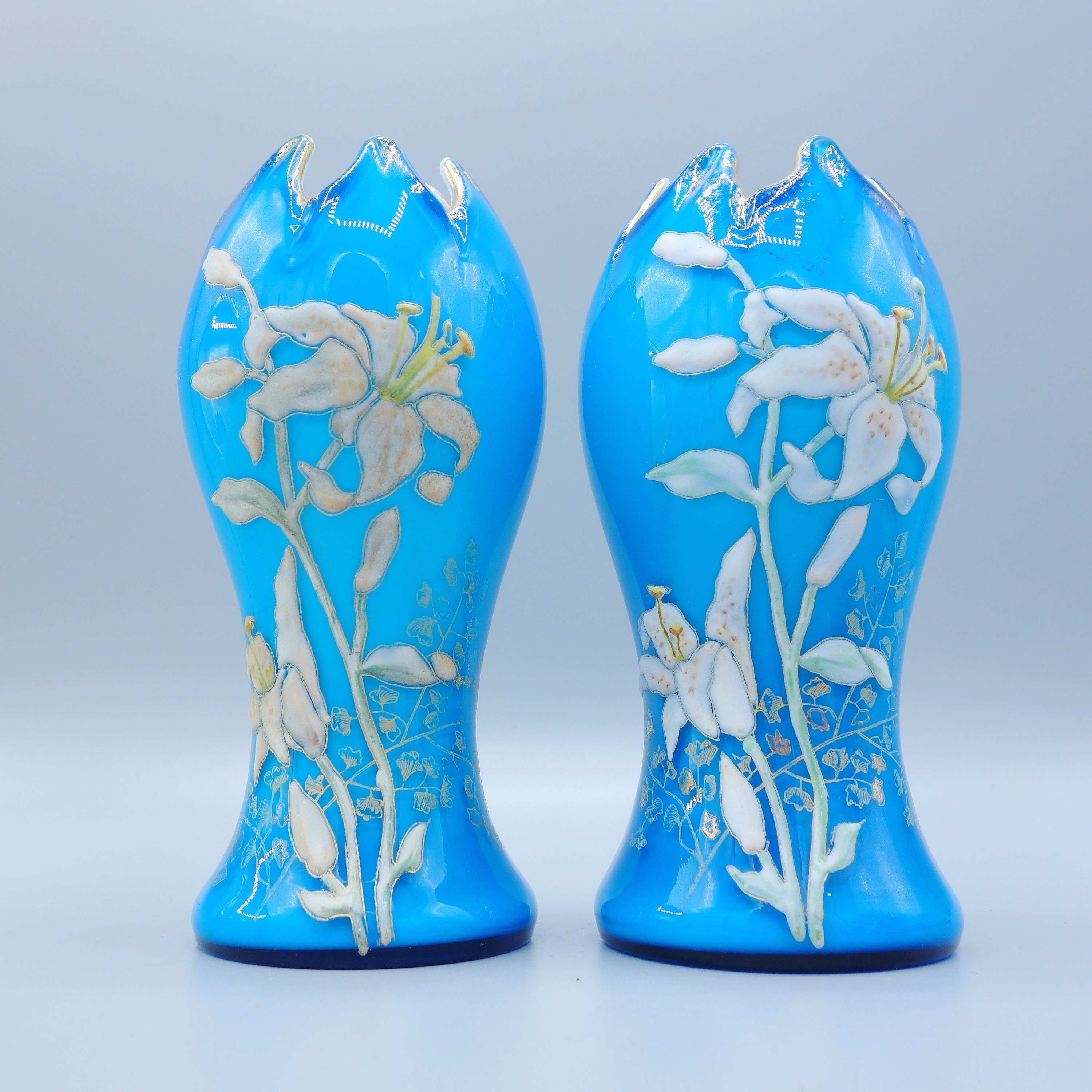 Baccarat - Blue Opaline multi layered Crystal Vase - Gold and enamel Fleur de Lys - XIX