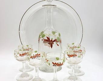 LEGRAS - Service à liqueur - Carafe et verres avec fuchsias émaillés - Art Nouveau