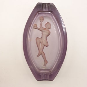 1930s Czech Glass Ashtray - Decorated Purple Glass - Art Deco