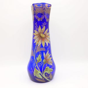 LEGRAS - Royal blue Glass Vase &quot;Philippe&quot; - Enameled Dahlia - Art Nouveau