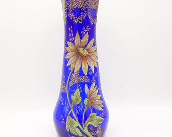 LEGRAS - Vase en verre bleu cobalt avec marguerites émaillées - Art nouveau