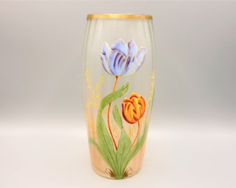 LEGRAS Tulip Vase - Frosted glass Enameled Tulips - Art Nouveau