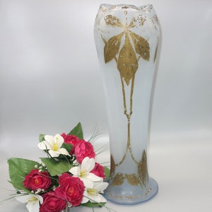 Legras - Zeldzame XXL-vaas &quot;Belgrado&quot; - lichtblauw met gouden kastanjebladeren - art nouveau