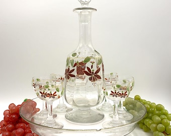 LEGRAS - liquor Service - Carafe and Glasses with Enameled Fuchsias - Art Nouveau