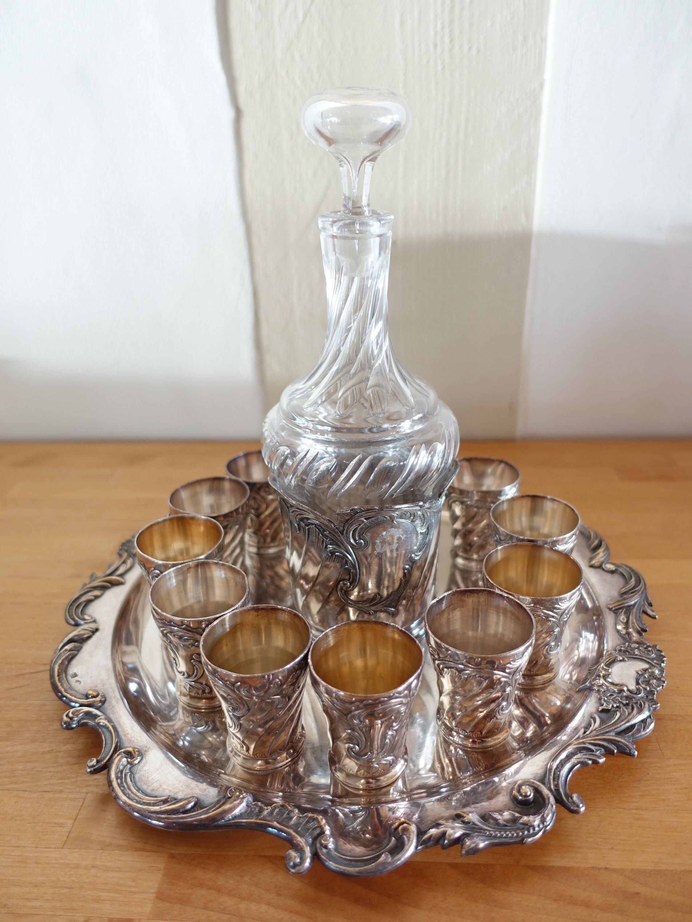 Ensemble de Liqueur Gallia | Christofle Carafe Plaquée Argent et Cristal 12 Tasses Plaquées Argent