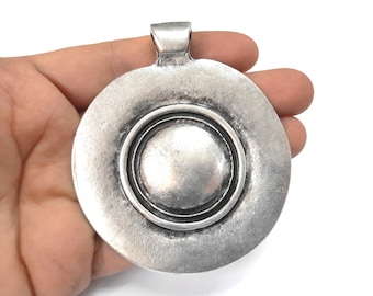 Round dome disc pendant 81x69mm Antique silver plated pendant HNF576