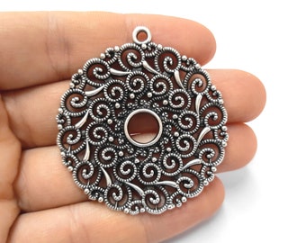 Filigree round pendant Antique silver plated pendant 52x48mm HNF320