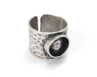 Hammered ring base round blank setting bezel cabochon mountings, adjustable ring, 10mm blank, Antique Silver plated brass HNF763