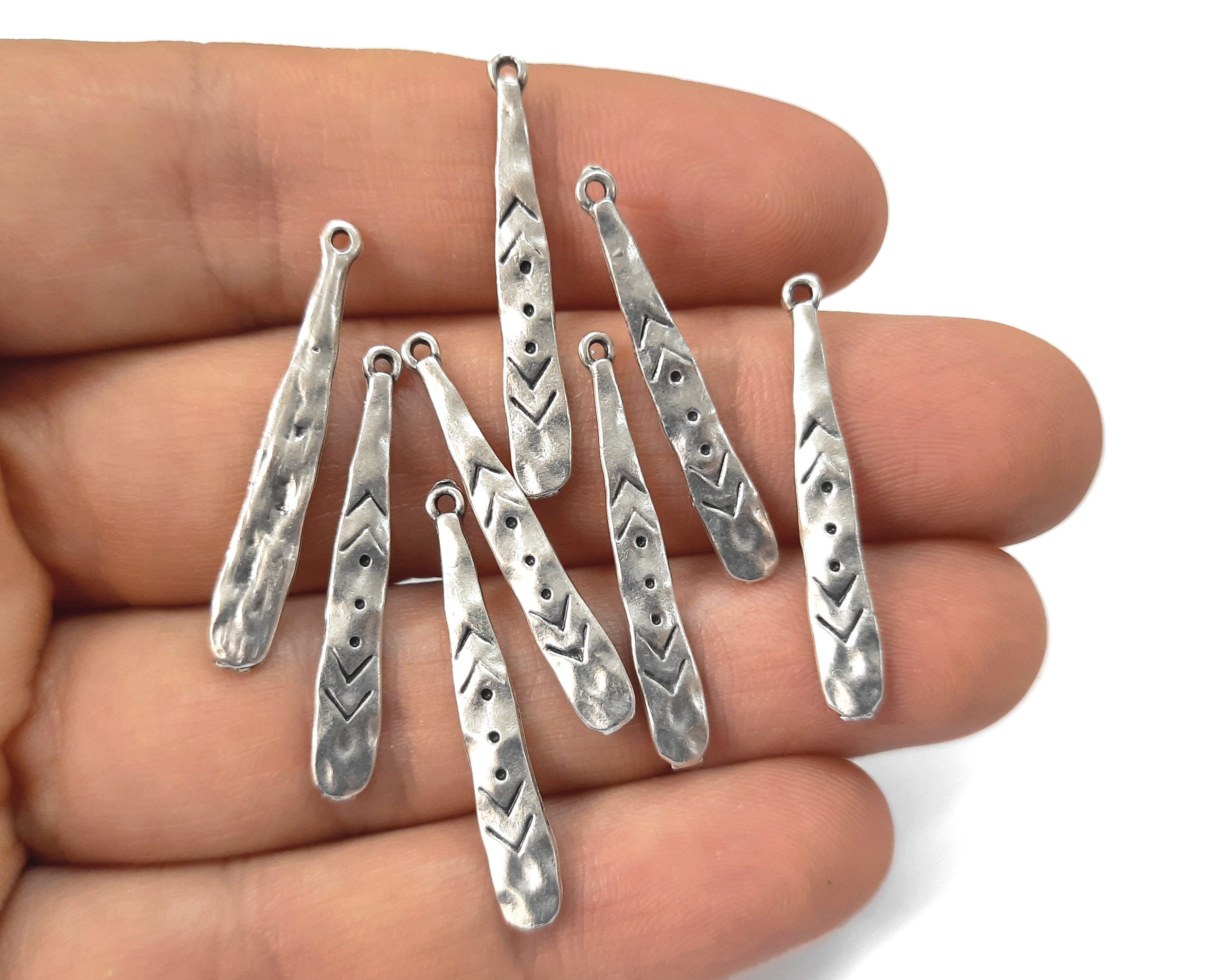 10 Long drop charms Antique silver plated charms 30x4mm HNF594