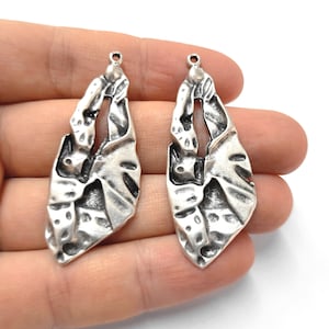 2 organic shape charms Antique silver plated charms 51x20mm HNF308