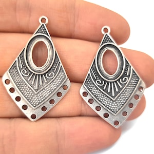 2 Ethnic connector charms bezel blank settings Antique silver plated charms 41x26mm HNF498