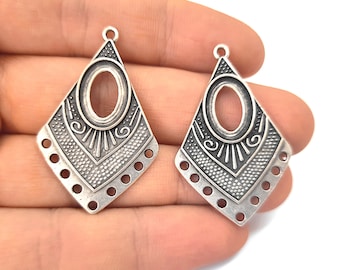 2 Ethnic connector charms bezel blank settings Antique silver plated charms 41x26mm HNF498