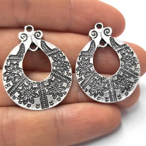 2 Flowers oval connector charms 34x26mm Antique silver plated charms HNF354
