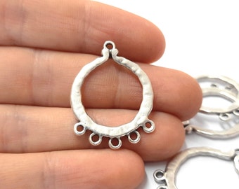 4 Hammered round connector charms Antique silver plated charms 32x24mm HNF332