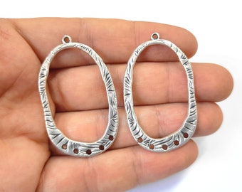 2 Oval flat silver connector charms Antique silver plated charms 48x28mm HNF443