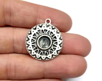 2 Boho round blank bezel setting charms pendant Antique silver plated charms 29x25mm HNF1114