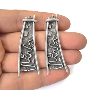 2 Ethnic silver charms Antique silver plated charms 52x18mm HNF688