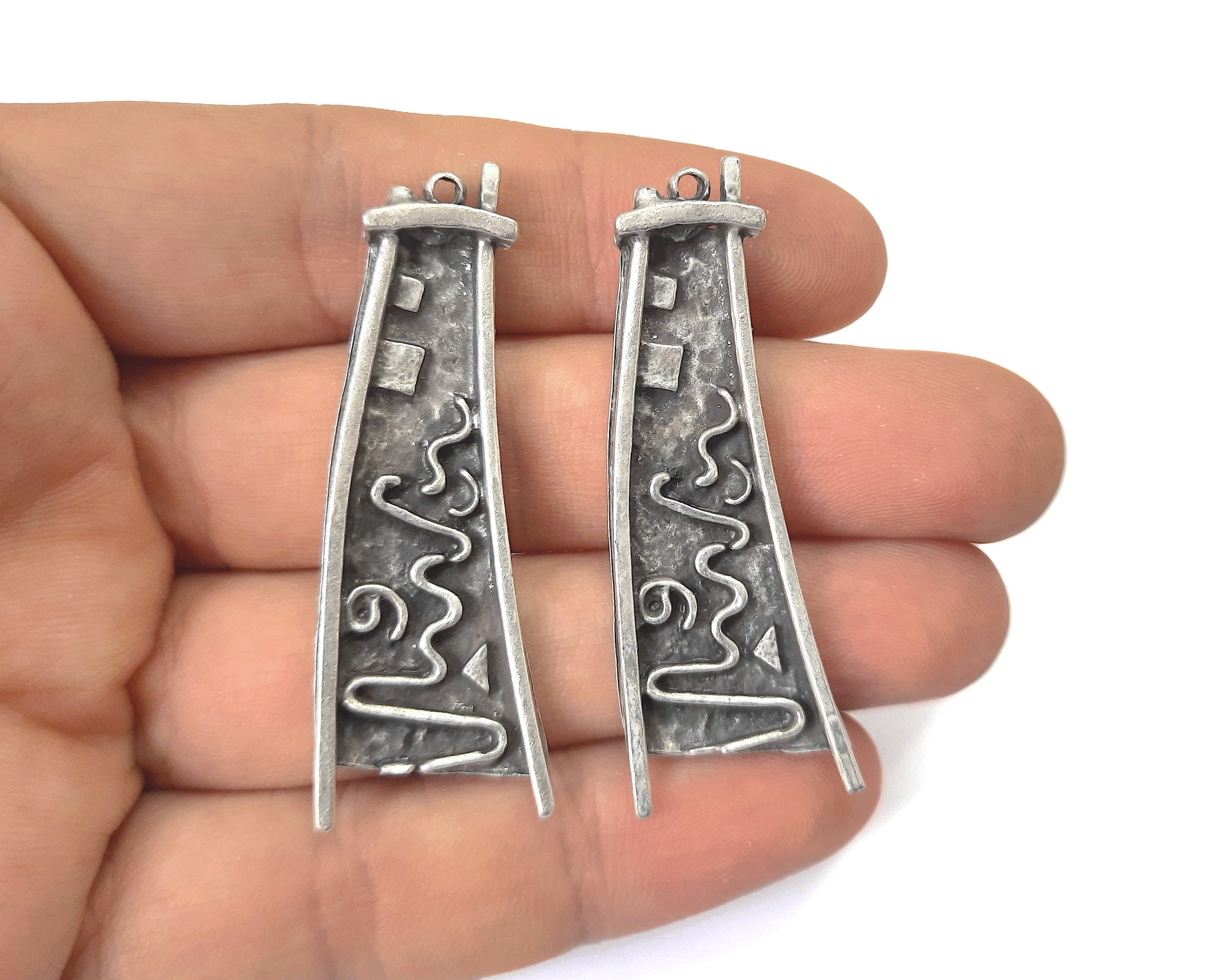 2 Ethnic Silver Charms Antique Silver Plated Charms 52x18mm HNF688