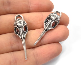 2 Bird skull charms Antique silver plated charms 39x12mm HNF367