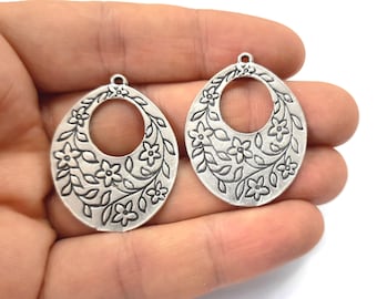 2 Fiori ciondoli ovali 35x28mm Antichi ciondoli placcati in argento HNF392