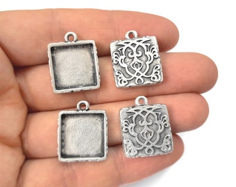 4 Square motif theme charms pendant blank 22x18mm Antique silver plated (15mm blank) HNF587