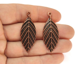 2 Veined curved leaf charms Antique copper plated charms 41x16mm HNF898