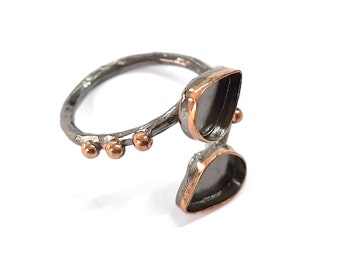 Statement 925k Solid Sterling silver ring blank bezel Adjustable size  (Gunmetal and rose gold plated) 8x6mm drop blank HNF290