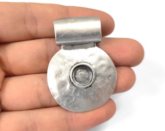 Hammered Round pendant blank bezel setting Antique silver plated pendant 48x35mm (10m blank ID) HNF511