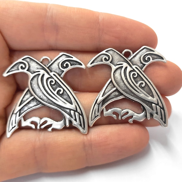 2 Crow bird charms 35x33mm Antique silver plated charms HNF357