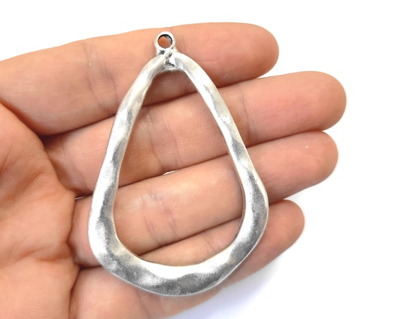 Drop Hammered Frame Pendant 63x44mm Antique Silver Plated Pendant 
