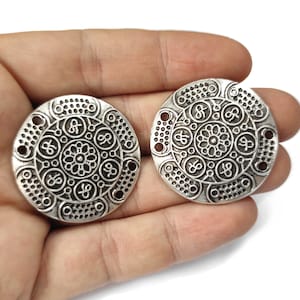 2 Flower round dome connector charms Antique silver plated charms 36mm HNF794