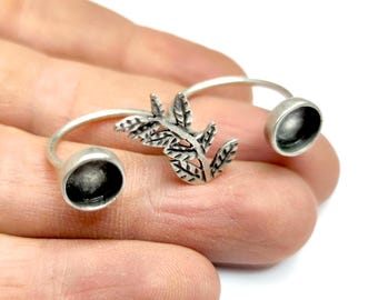 Plant ring (2 setting) blank, bezel, cabochon mountings, adjustable ring, 8mm blank, Antique Silver plated brass HNF1145