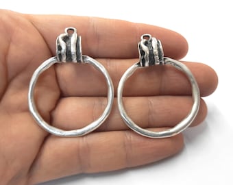 2 Ethnic round charms Antique silver plated charms 48x36mm HNF339