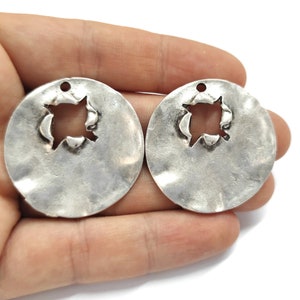 2 Bullet hole round silver charms Antique silver plated charms 37mm HNF750