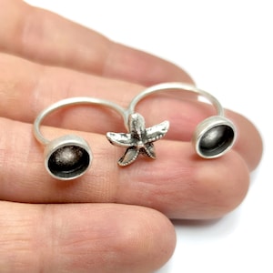 Starfish ring (2 setting) blank, bezel, cabochon mountings, adjustable ring, 8mm blank, Silver plated brass HNF1073