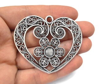Heart flower charms pendant blank bezel settings Antique silver plated pendant 60x50mm HNF623