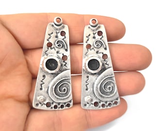2 Ethnic Swirl connector charms bezel blank settings Antique silver plated charms 53x23mm HNF500