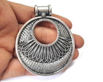 Ethnic round pendant Antique silver plated pendant 74x63mm HNF698
