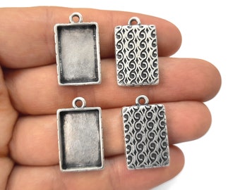 4 Rectangle motif theme charms pendant blank 24x15mm Antique silver plated (18x12mm blank) HNF602