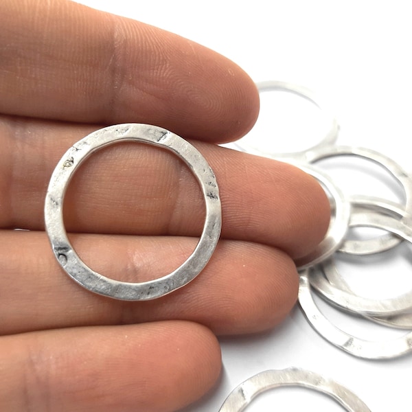 10 Hammered circle round charms hoops connector Antique silver plated charms 27mm HNF342