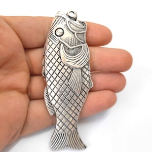 Fish pendant Antique silver plated pendant 94x34mm HNF483