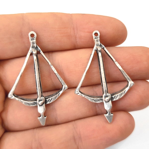 2 Crossbow silver charms Antique silver plated charms 42x26mm HNF492