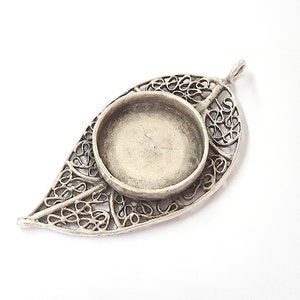 Leaf filigree pendant blank bezel Antique silver plated brass 55x28mm (20mm blank) HNF202