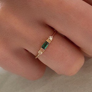 18ct Gold Plated Dainty Green Emerald Cubic Zirconia Ring, Stacking Ring, Diamond Appearance  | Fine Dainty Ring | Green Emerald Ring