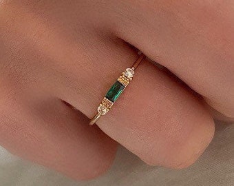 18ct Gold Plated Dainty Green Emerald Cubic Zirconia Ring, Stacking Ring, Diamond Appearance  | Fine Dainty Ring | Green Emerald Ring