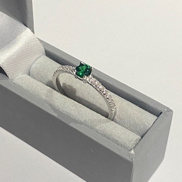 Emerald Green White Gold on Silver Thin Dainty Solitaire Ring, Green Stacking Ring, April Birthstone, Green Ring With Imitation Diamonds,