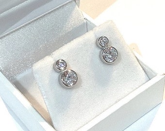 Solid Silver Double Cubic Zirconia Diamond Appearance Earring, Pure Silver Earring, Simulated Earring, Gift For Her | Classic Stud | Prom