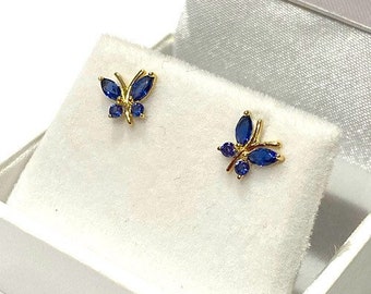 9ct Gold Blue Genuine Sapphire Butterfly Earrings | Flying Butterfly Jewelry | Dainty 375 Butterfly Studs | Sapphire Earring | Blue Jewelry