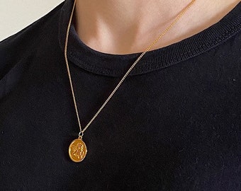 18ct Gold Plated Solid Angel Coin Pendant on a Curb Chain | Layer Chain | Charm | Boho  | Angel Charm | Safe Travels | Gift